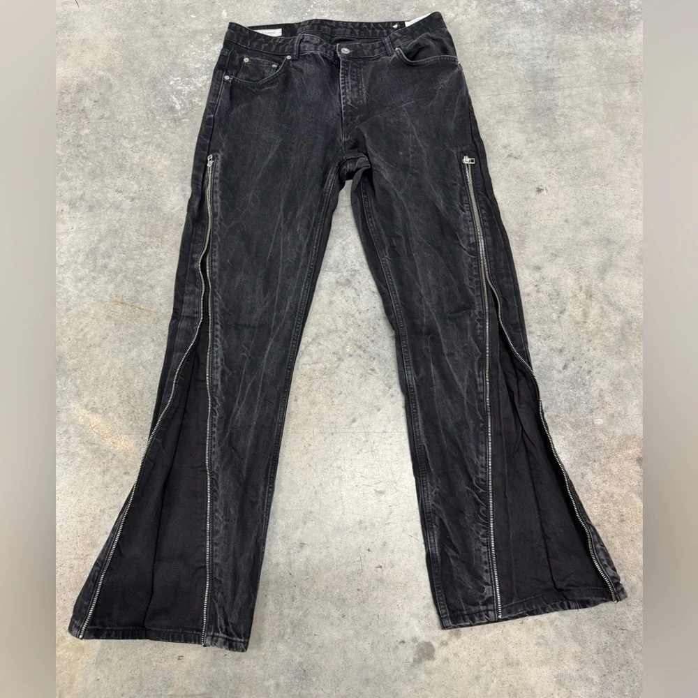 Zara Black Washed Wide-Leg Jeans with Side Zippers - Picture 2 of 9